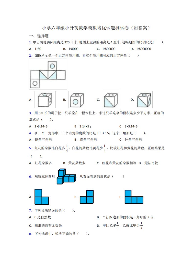 小学六年级小升初数学模拟培优试题测试卷(附答案)