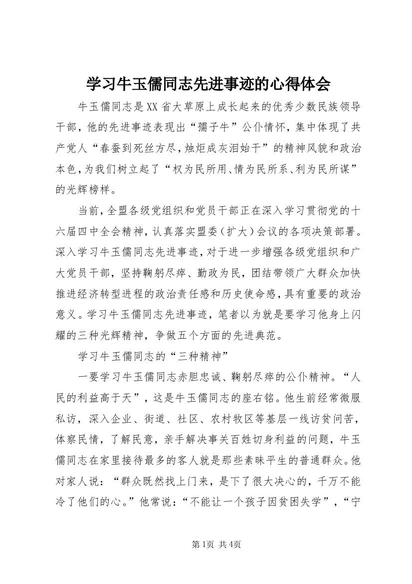 学习牛玉儒同志先进事迹的心得体会