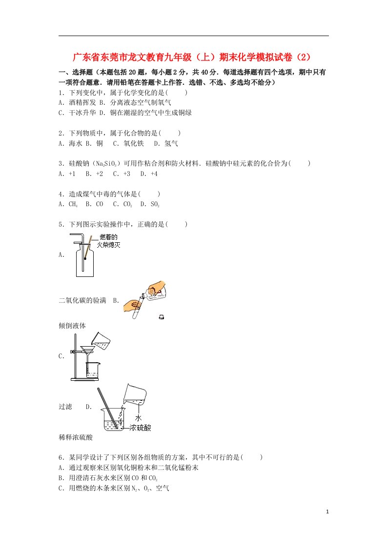 广东省东莞市龙文教育九级化学上学期期末模拟试题（2）（含解析）