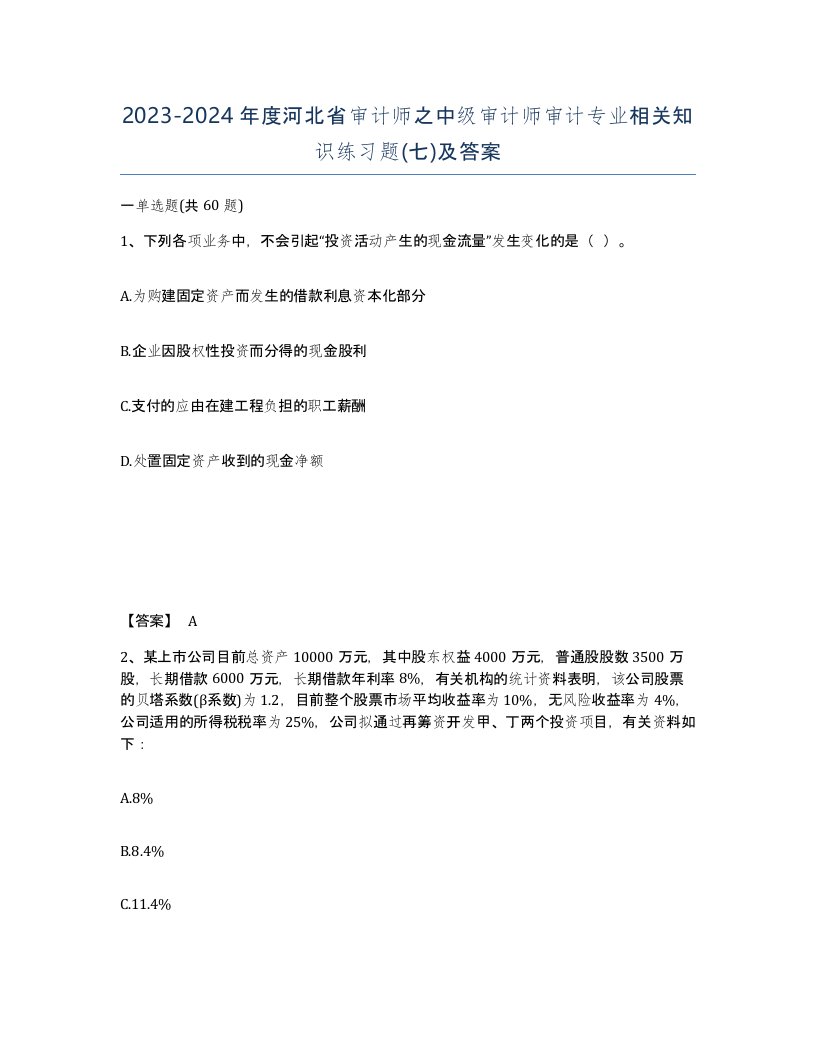 2023-2024年度河北省审计师之中级审计师审计专业相关知识练习题七及答案