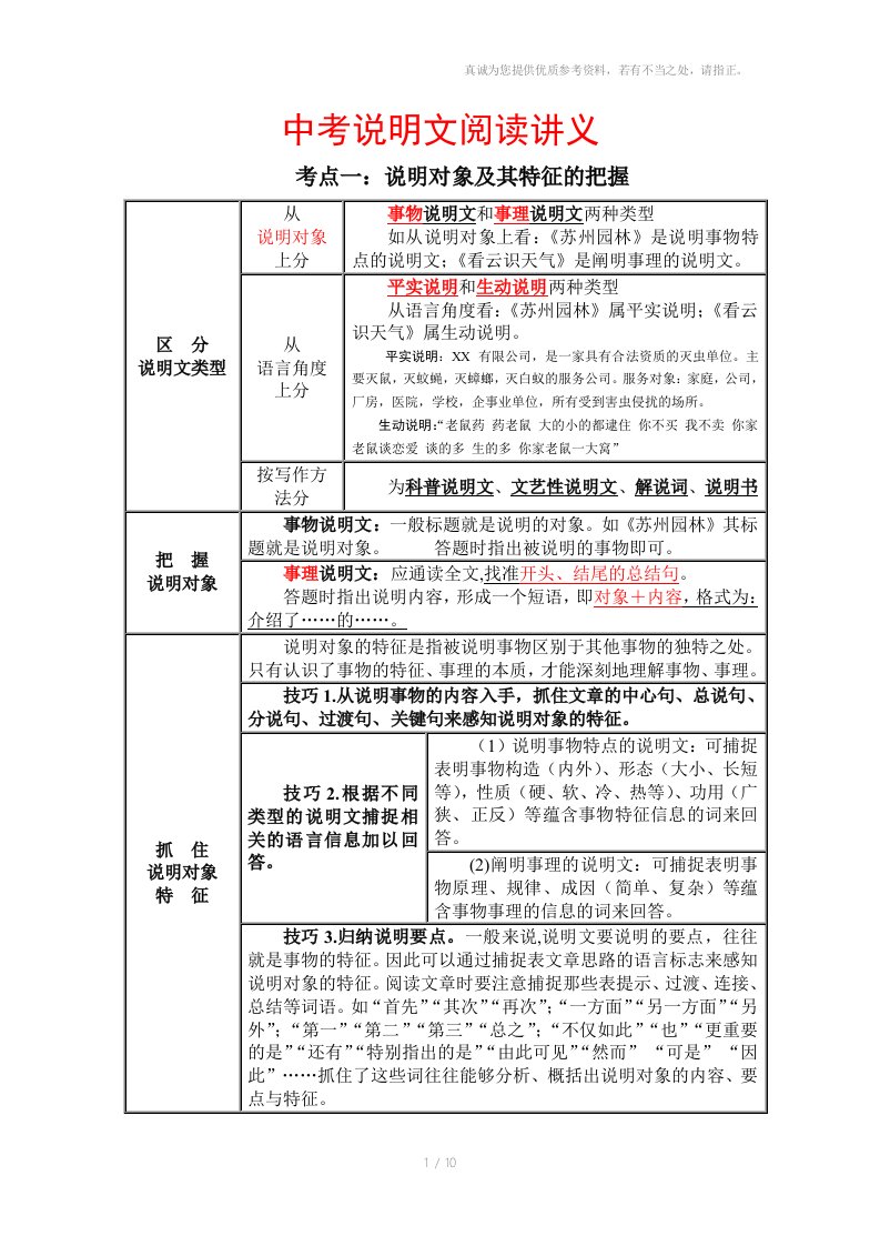 中考说明文阅读讲义(教师版)参考资料