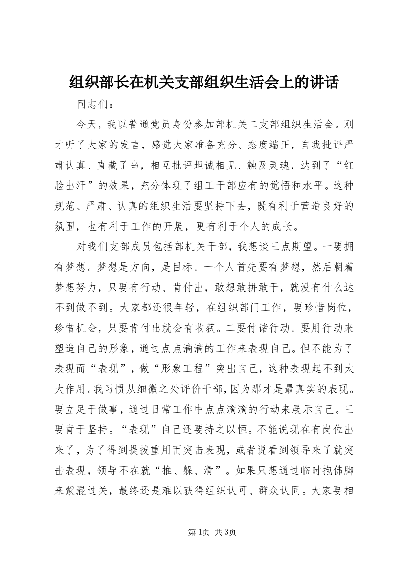 组织部长在机关支部组织生活会上的讲话