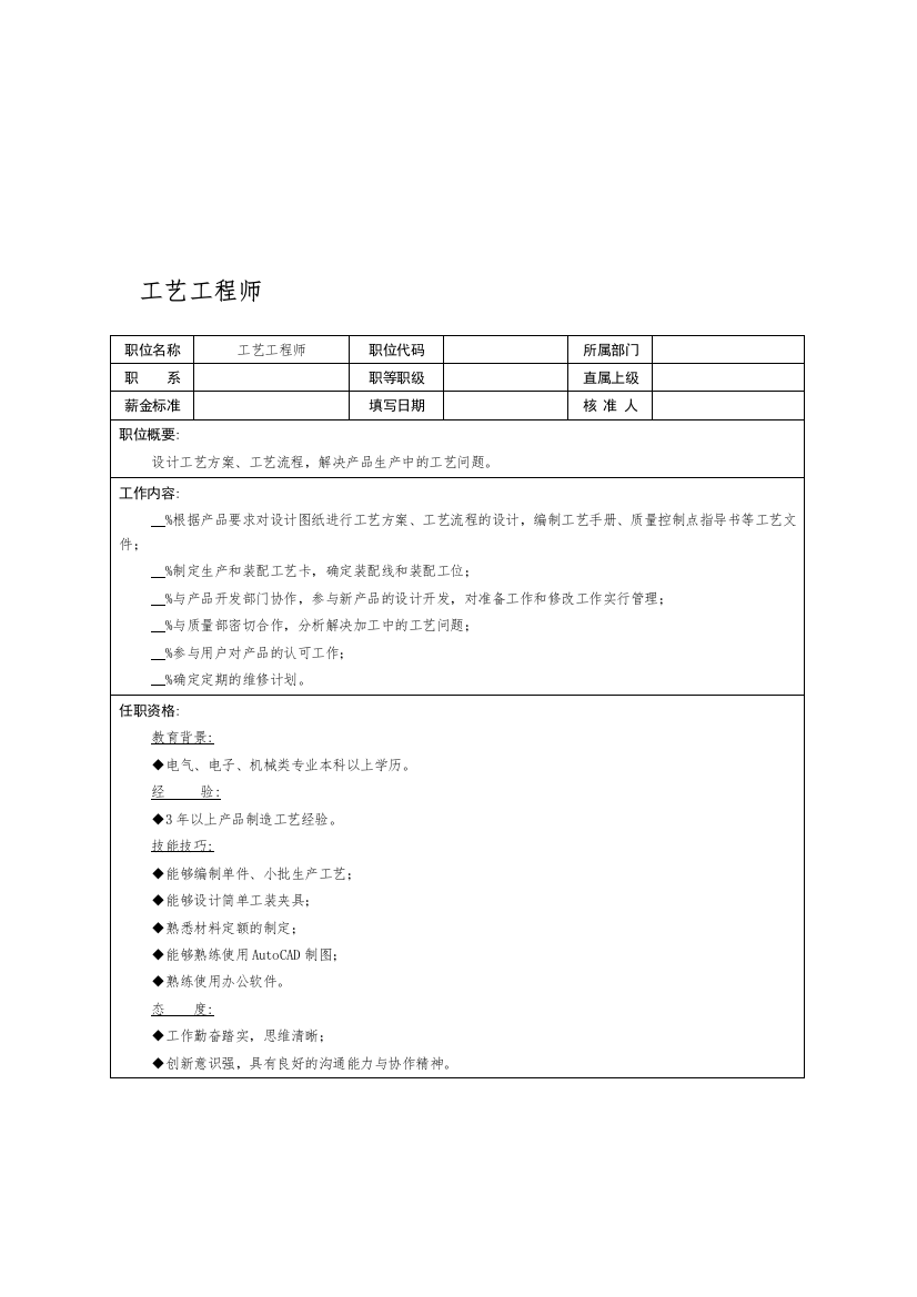 职位说明书：工艺工程师