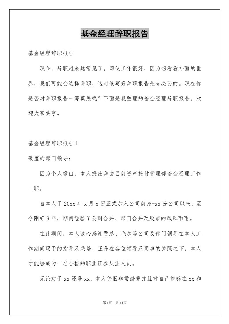 基金经理辞职报告精选