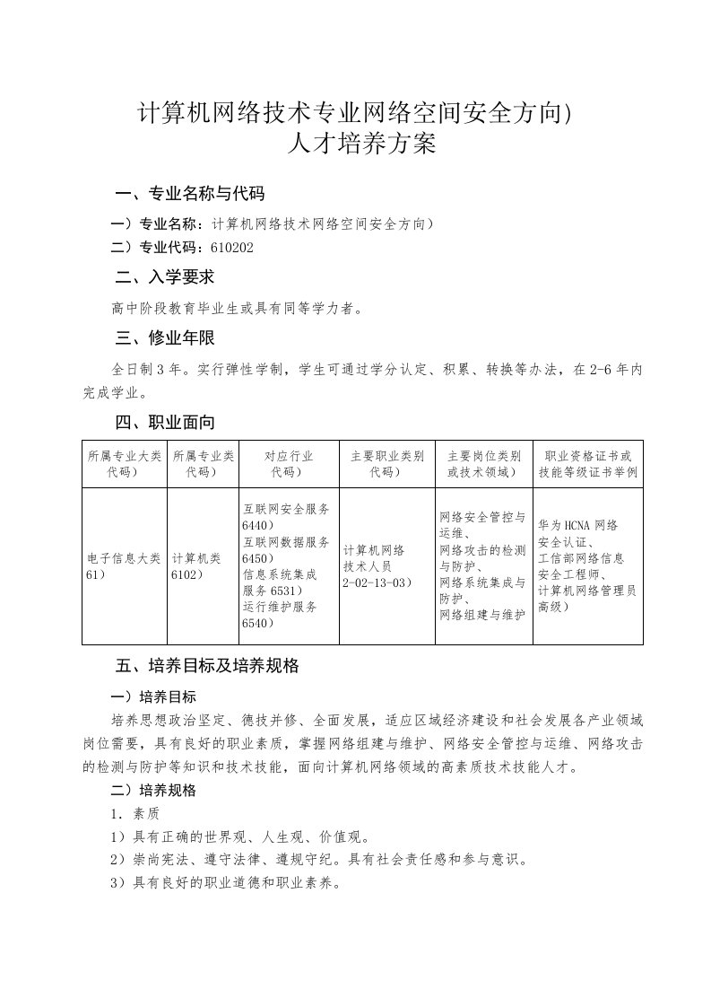 计算机网络技术专业(网络空间安全方向)