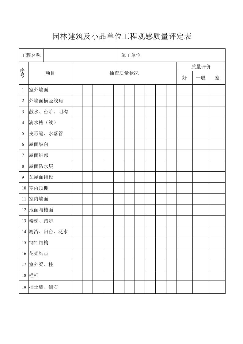 园林建筑及小品单位工程观感质量评定表