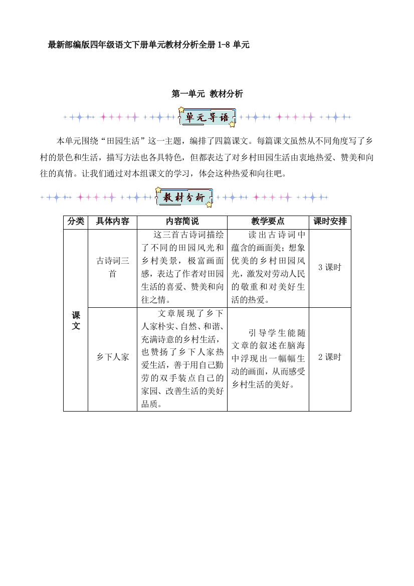 2020部编人教小学四年级下册语文：单元教材分析(精编)全册1-8单元