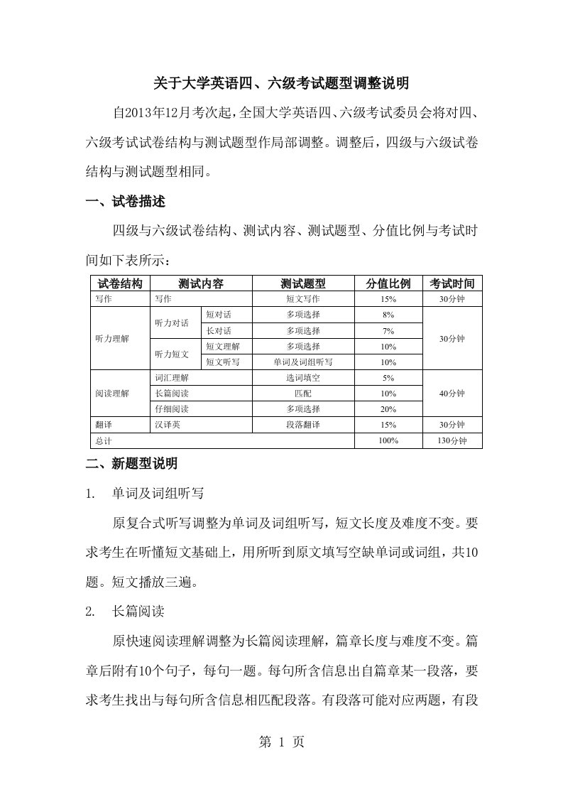 关于大学英语六级考试题型调整的说明及样卷