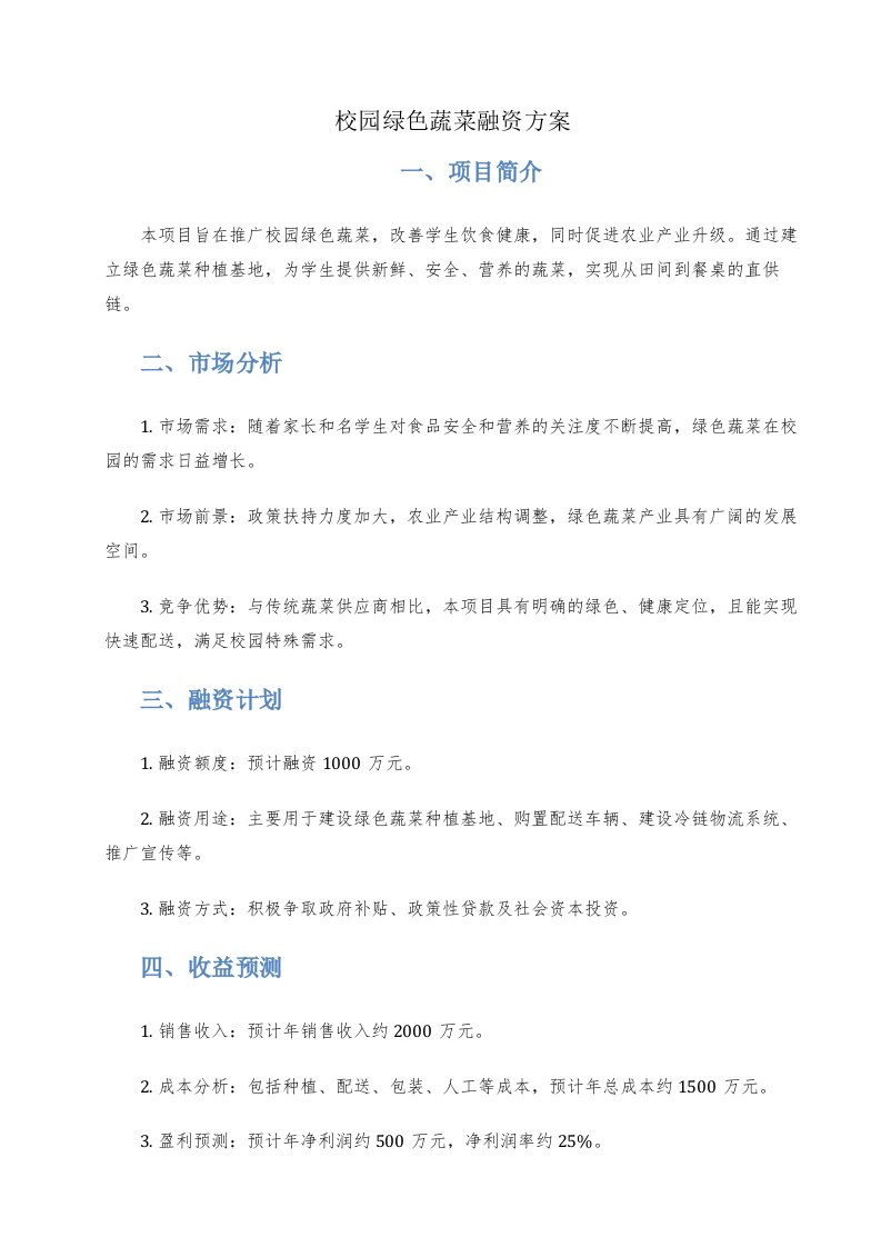 校园绿色蔬菜融资方案