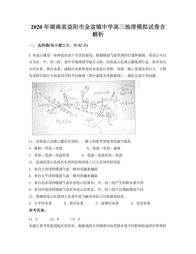 2020年湖南省益阳市金盆镇中学高三地理模拟试卷含解析