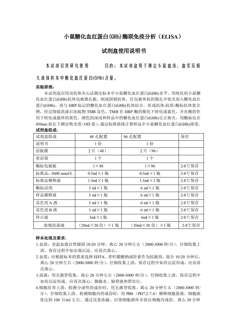 小鼠糖化血红蛋白GHb酶联免疫分析ELISA