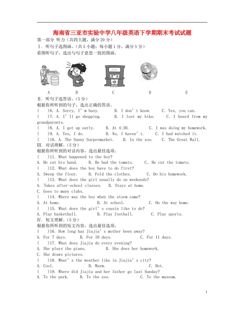 海南省三亚市实验中学八级英语下学期期末考试试题