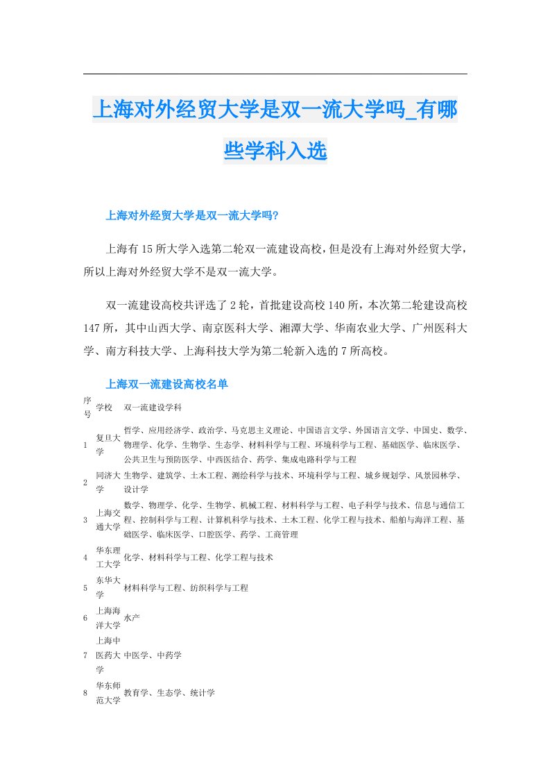 上海对外经贸大学是双一流大学吗_有哪些学科入选