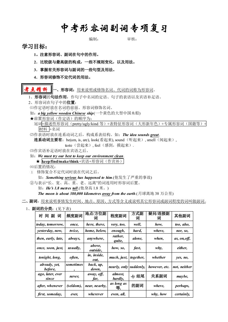 中考形容词、副词复习与练习