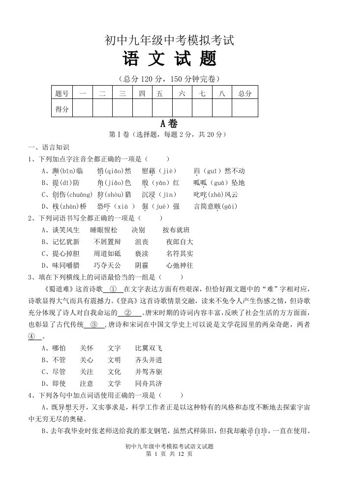 初中九年级中考模拟考试语文试题