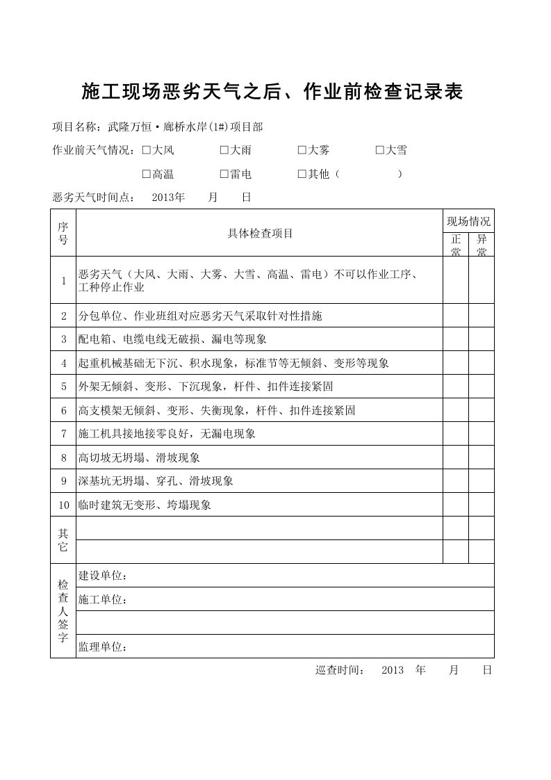 (XLS)施工现场恶劣天气之后作业前检查记录表