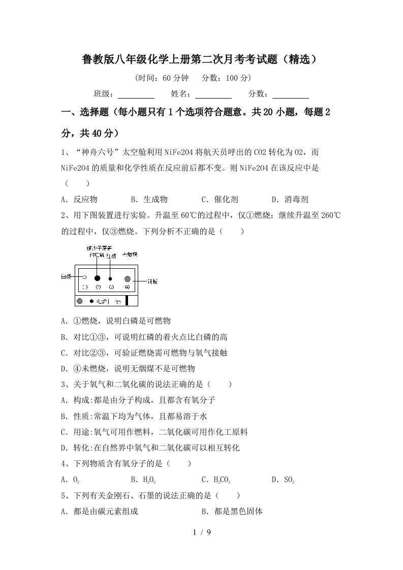 鲁教版八年级化学上册第二次月考考试题精选