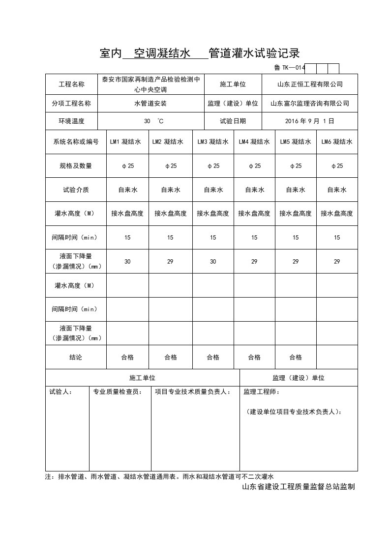 室内空调凝结水管道灌水试验记录