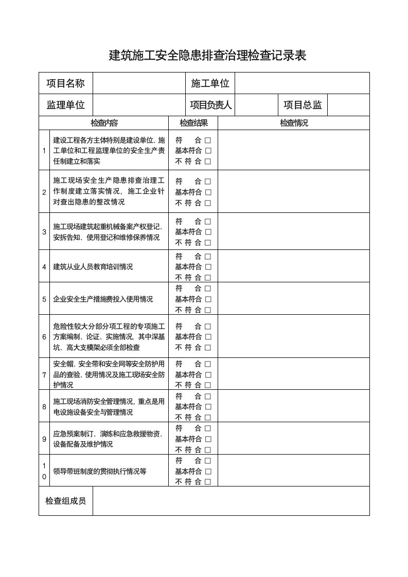 建筑施工安全隐患排查治理检查记录表