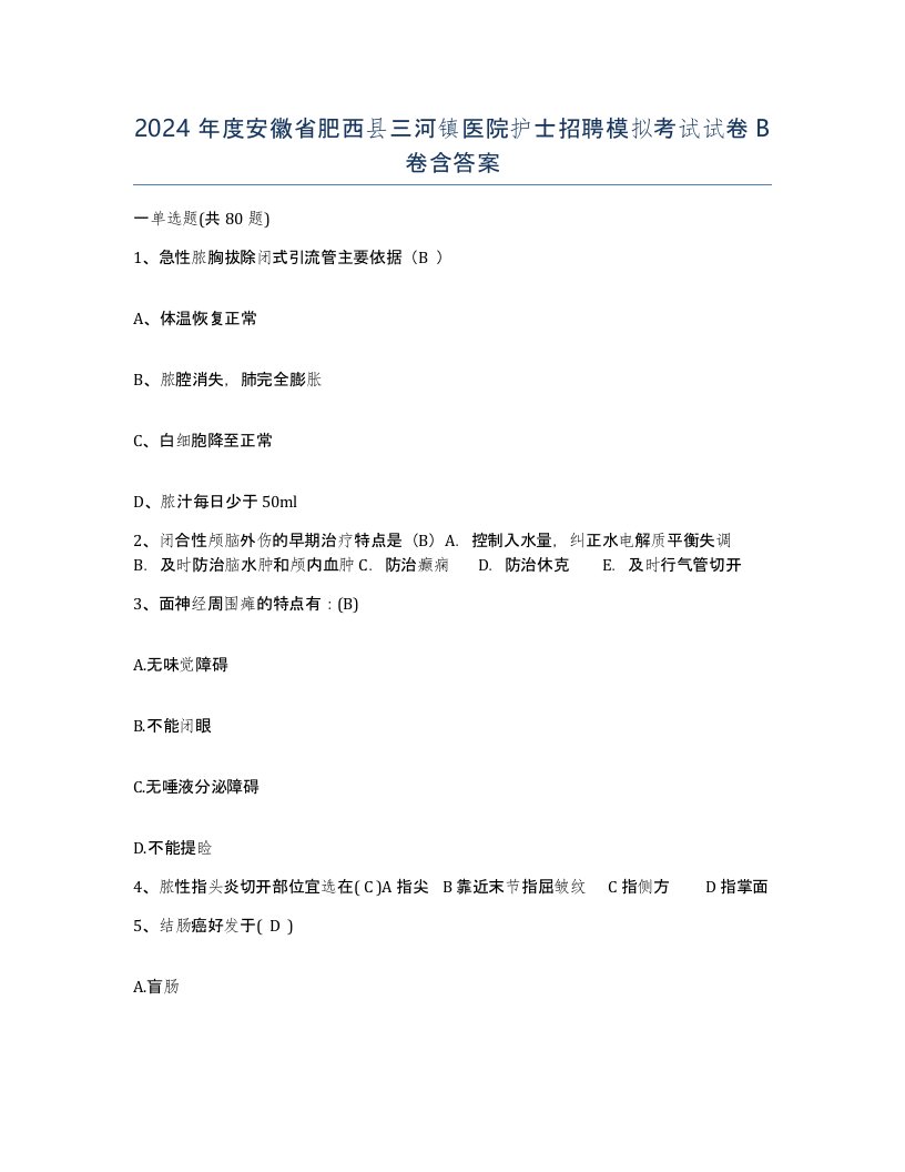 2024年度安徽省肥西县三河镇医院护士招聘模拟考试试卷B卷含答案