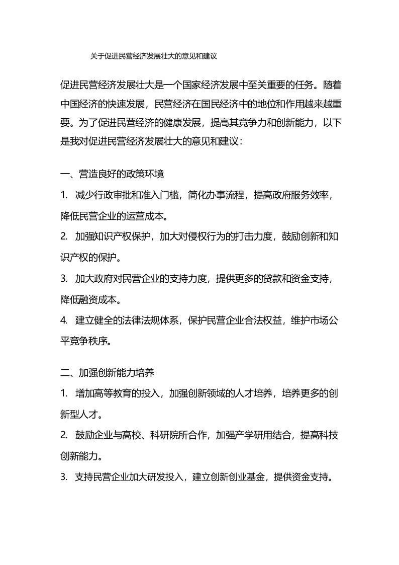 关于促进民营经济发展壮大的意见和建议