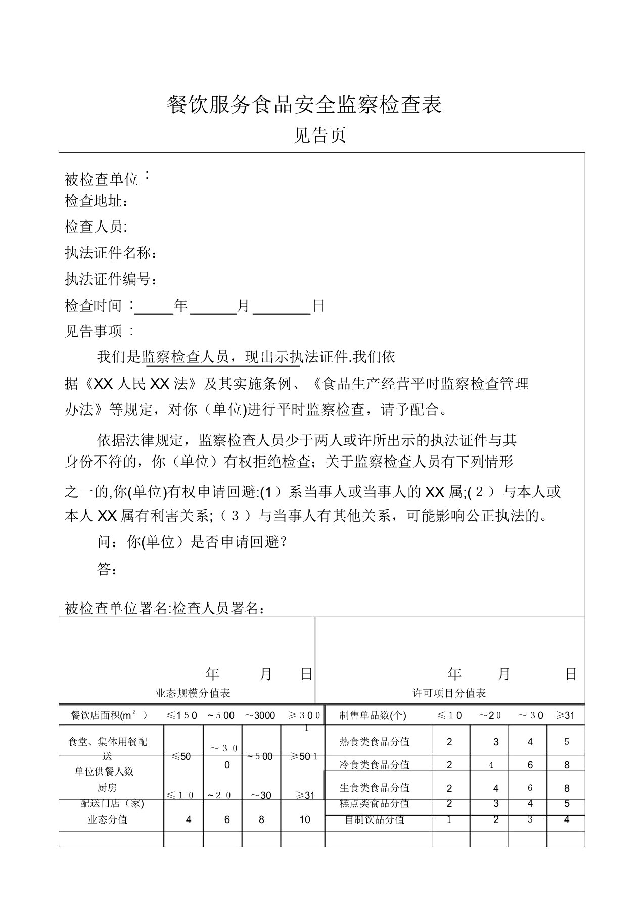 餐饮服务食品安全监督检查表