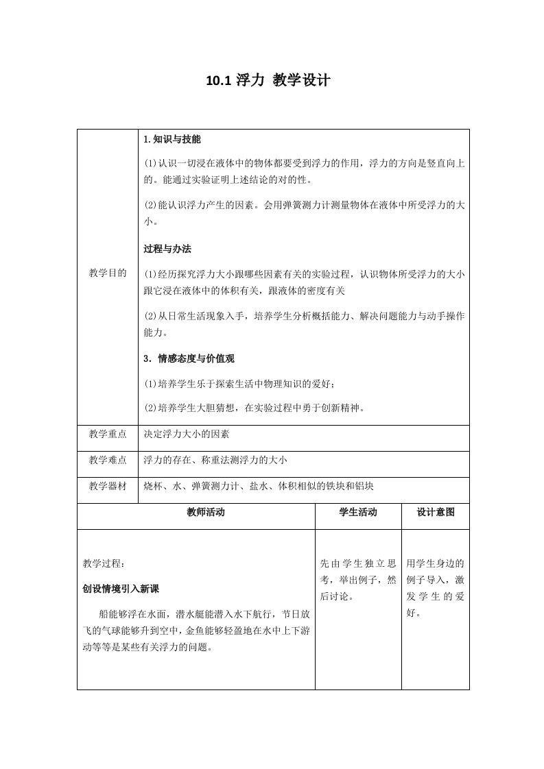 人教版八年级物理下册浮力优质课教案