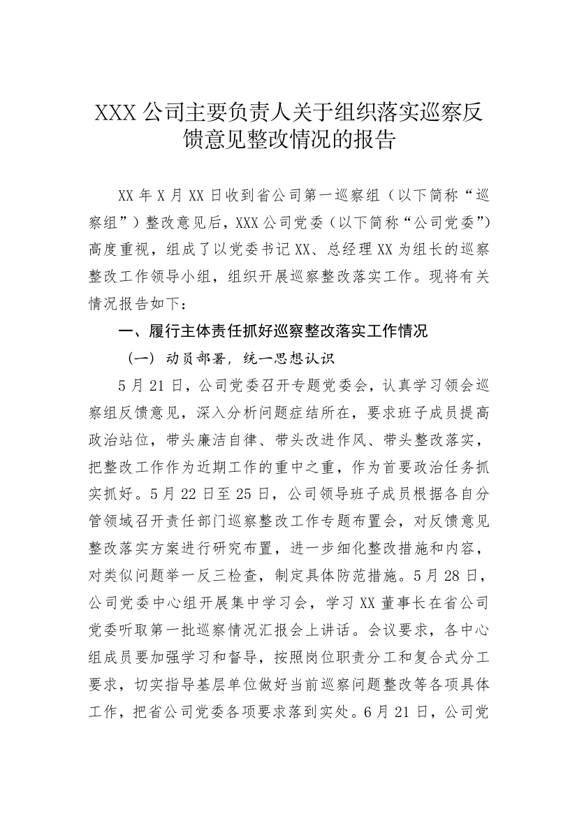 (完整版)XX公司主要负责人关于组织落实巡察反馈意见整改情况的报告02