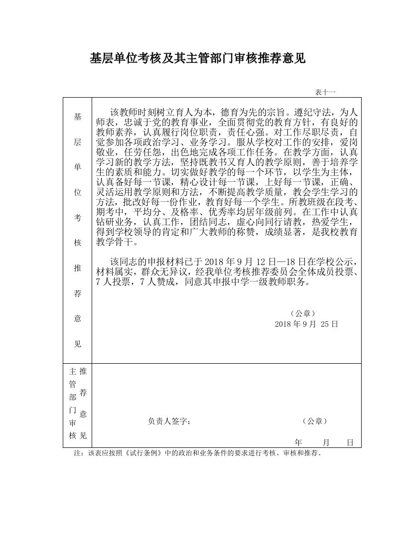 基层单位考核及其主管部门审核推荐意见精编