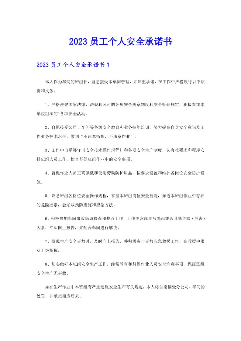 2023员工个人安全承诺书（多篇汇编）