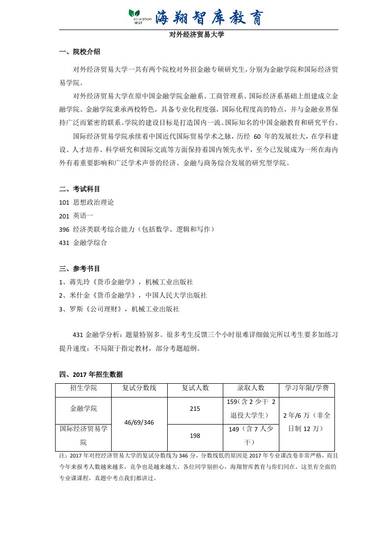 对外经济贸易大学金融硕士考研分析