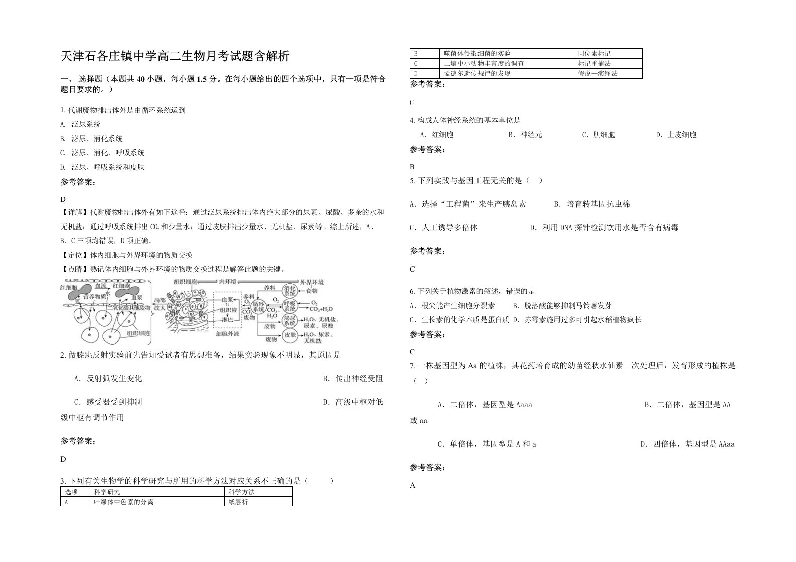 天津石各庄镇中学高二生物月考试题含解析