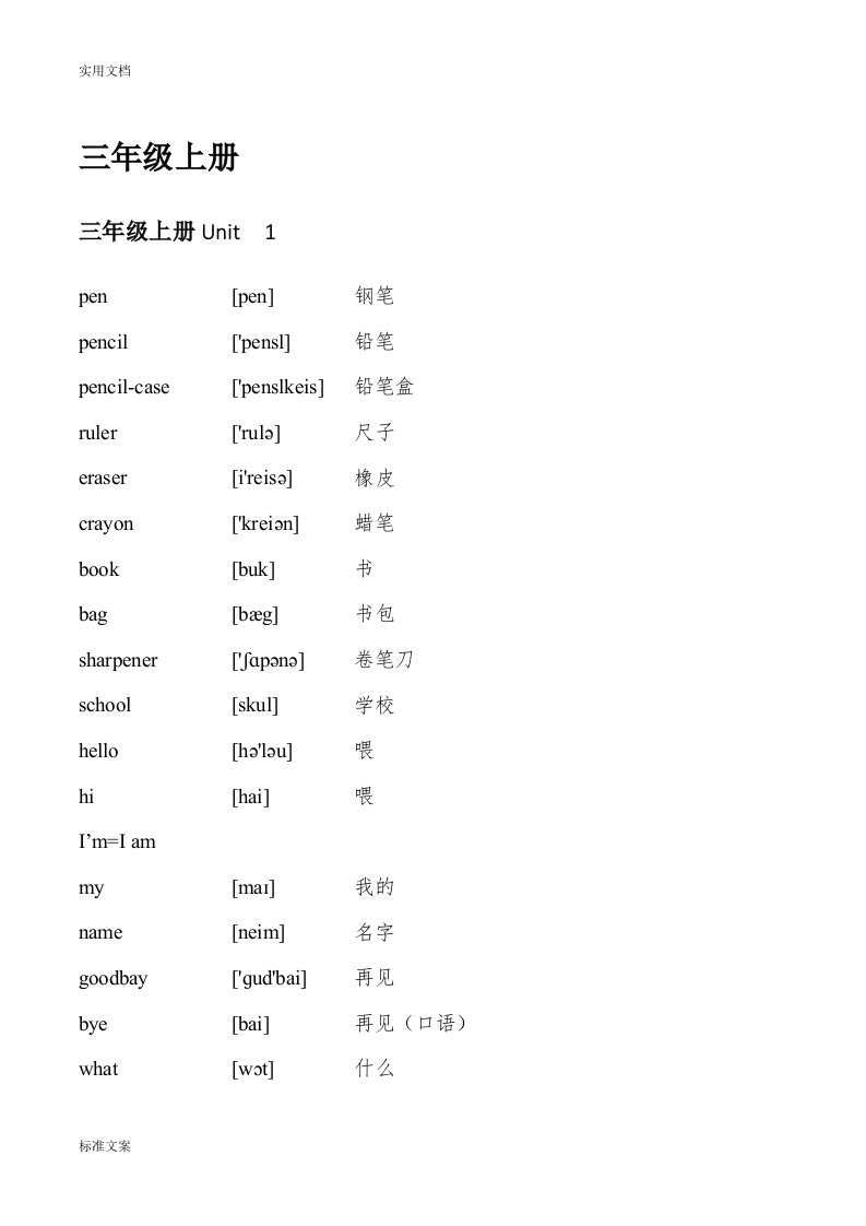 pep小学英语单词汇总情况(含音标)-可直接打印