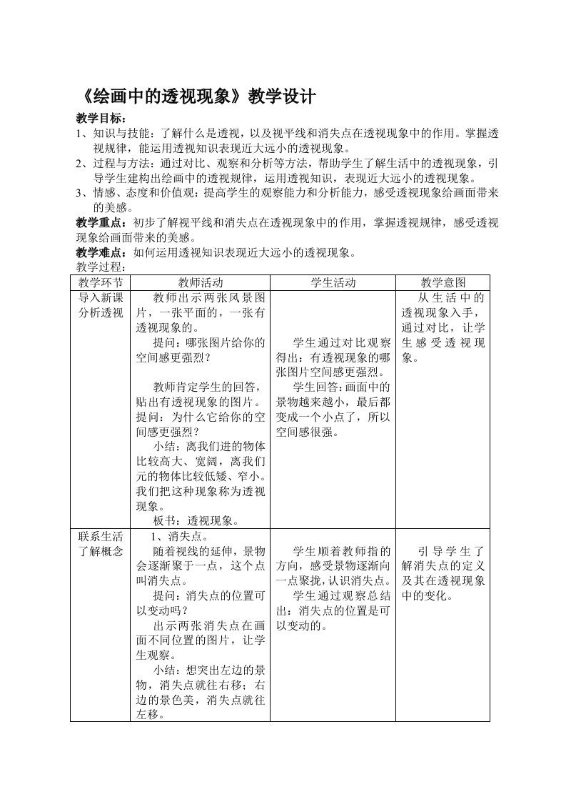 人美版小学五年级美术上册《绘画中的透视现象》教学设计