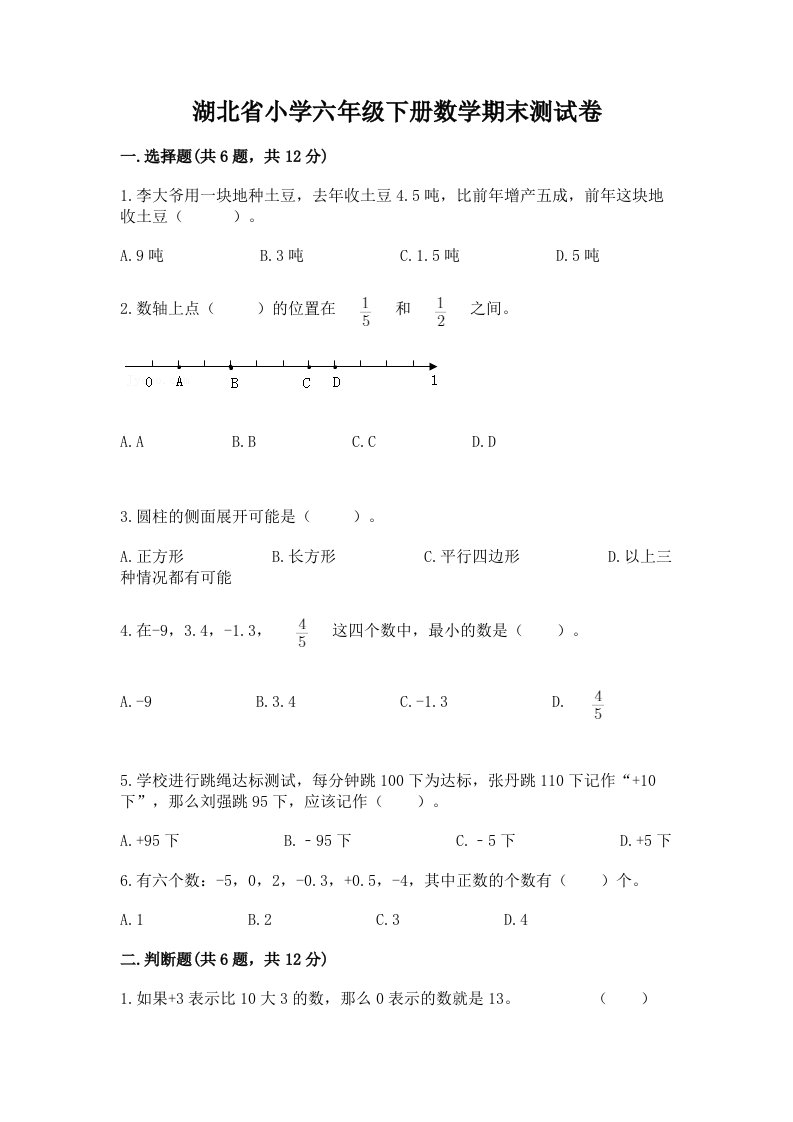 湖北省小学六年级下册数学期末测试卷【综合卷】