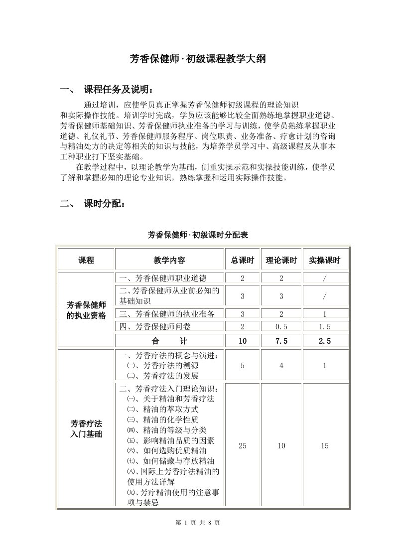 芳香保健师教学大纲资料