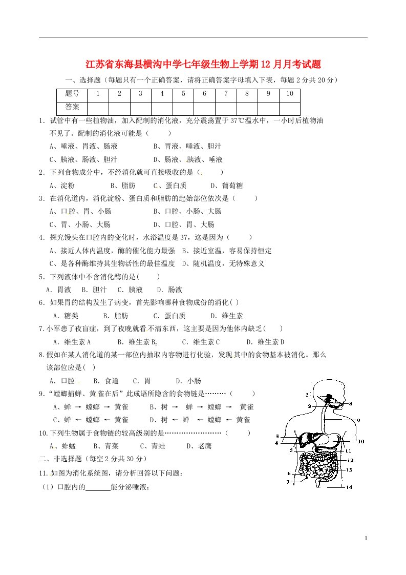 江苏省东海县横沟中学七级生物上学期12月月考试题（无答案）