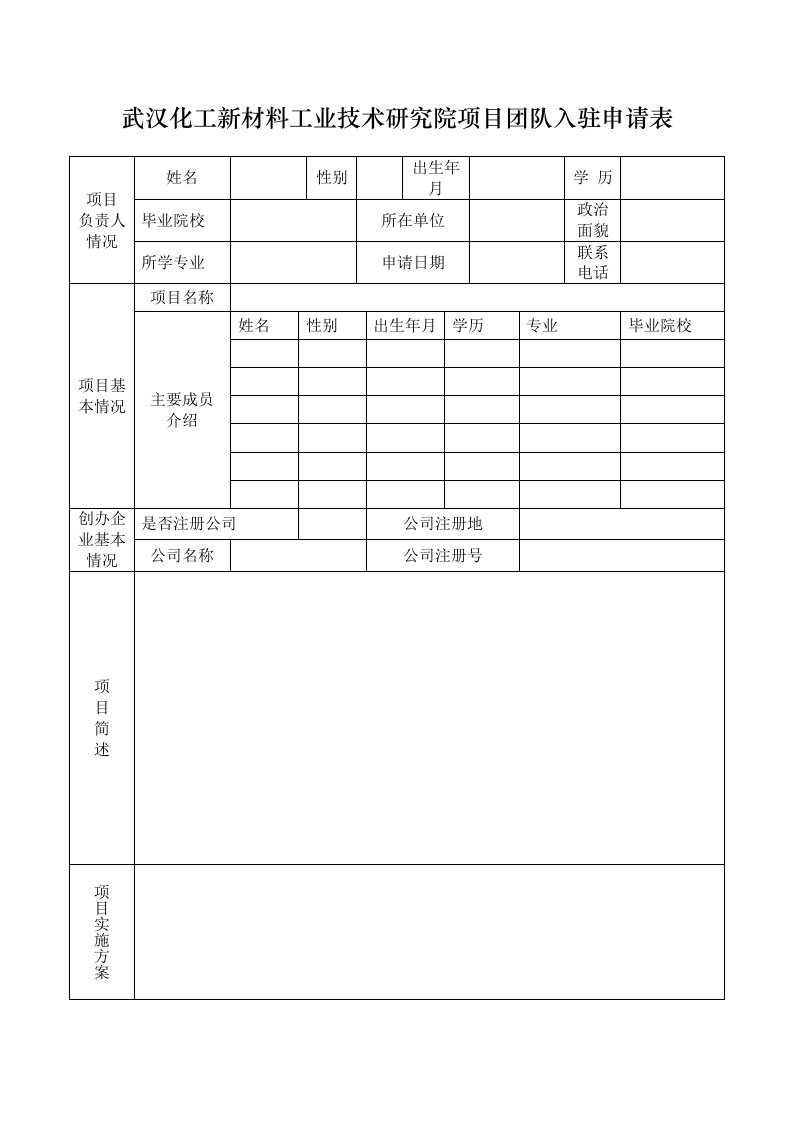 武汉化工新材料工业技术研究院项目团队入驻申请表