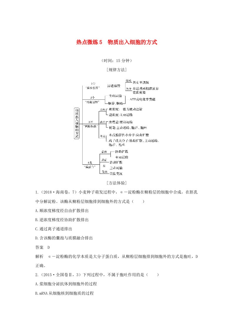 通用版高考生物30个热点微练5物质出入细胞的方式