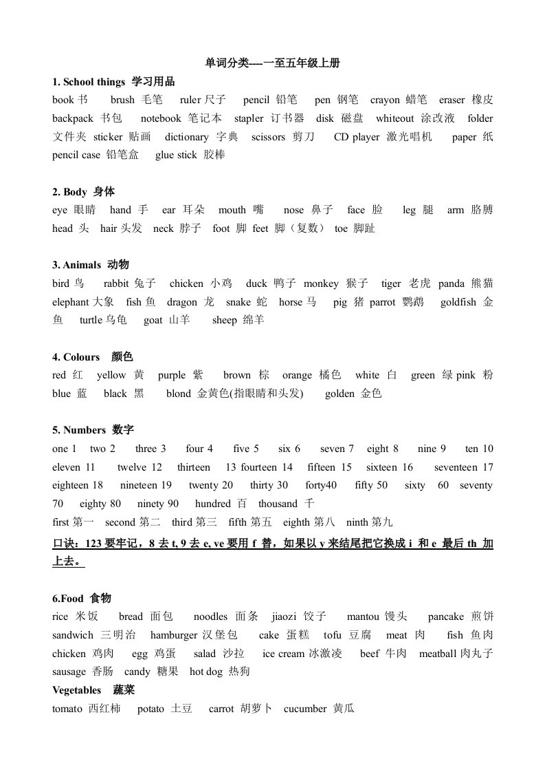 小学一-五年级单词分类