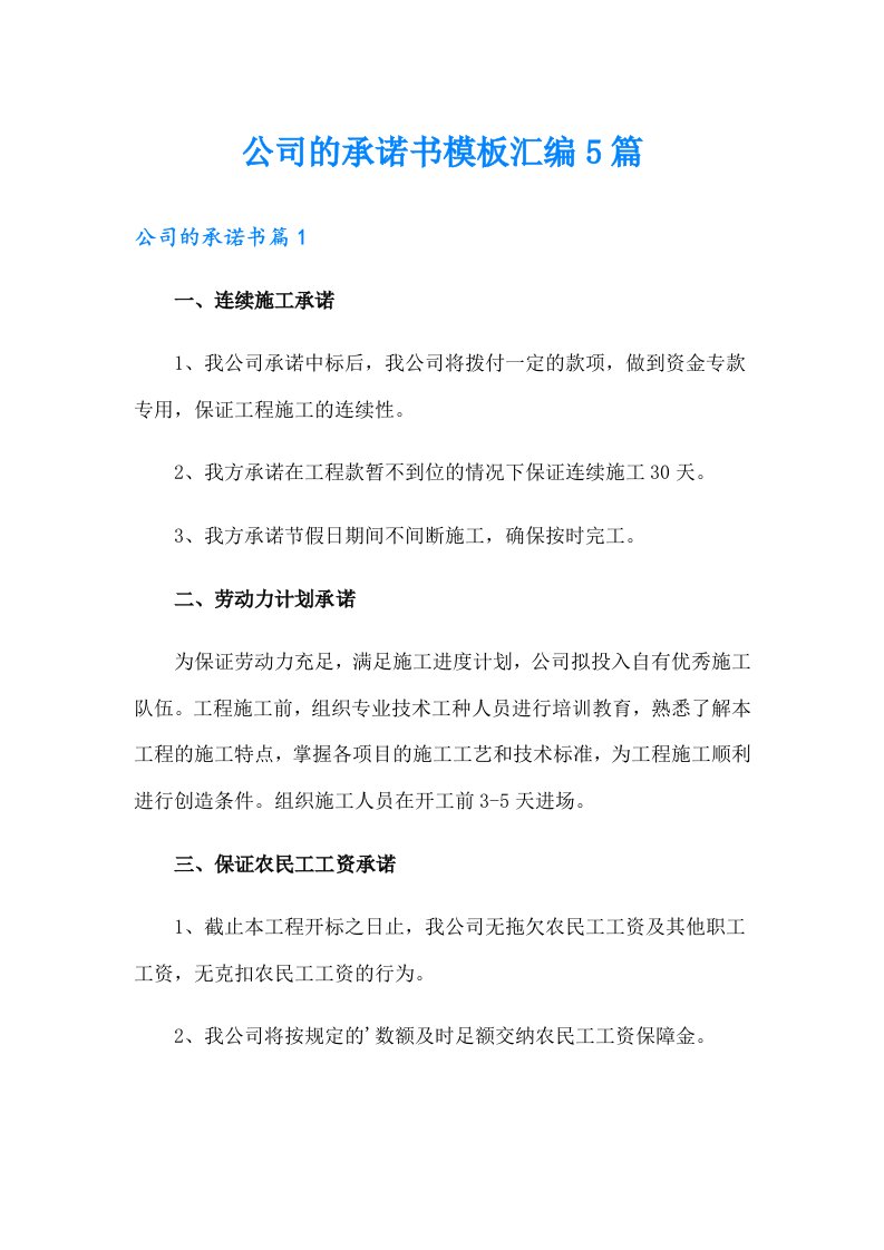 公司的承诺书模板汇编5篇