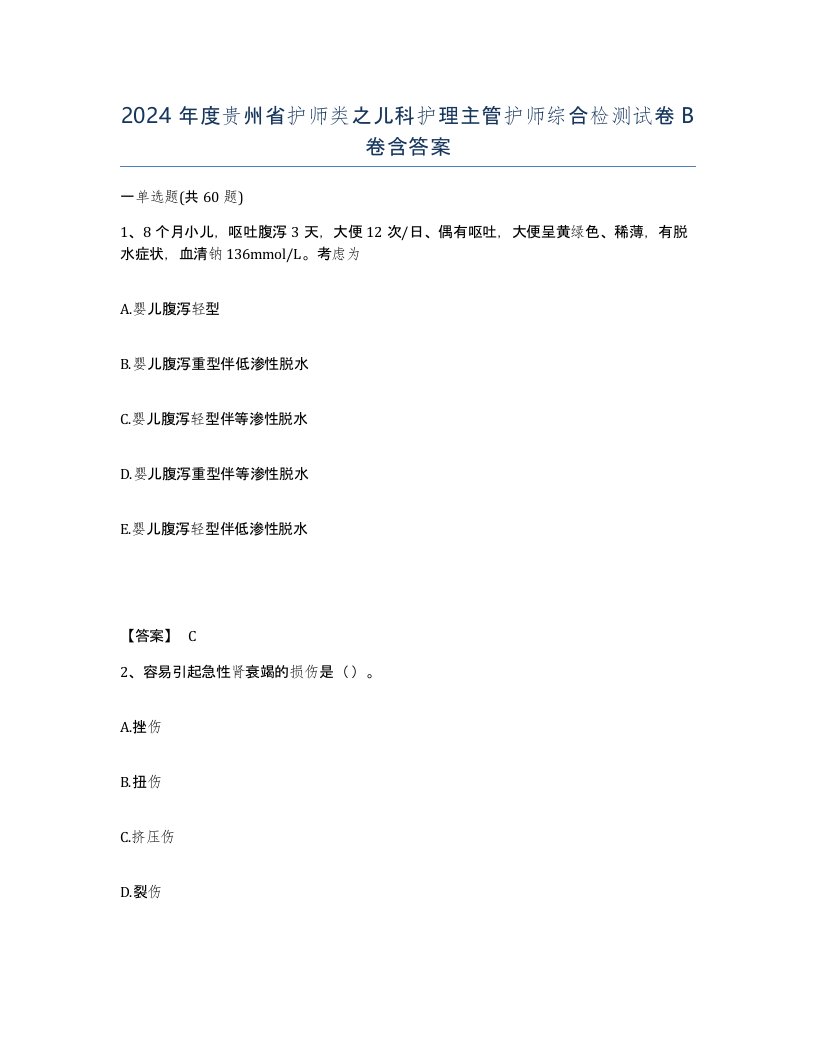 2024年度贵州省护师类之儿科护理主管护师综合检测试卷B卷含答案