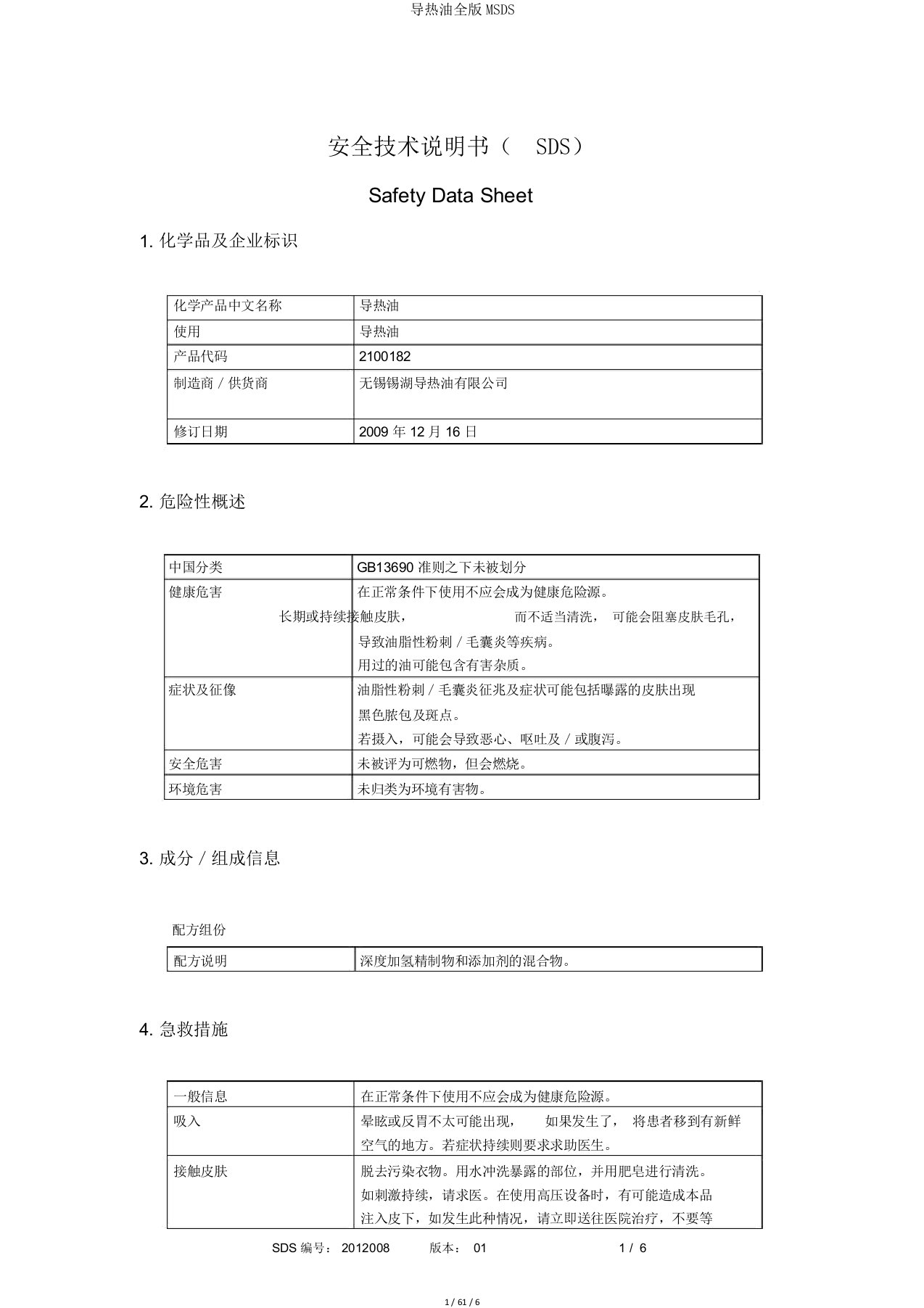 导热油全版MSDS