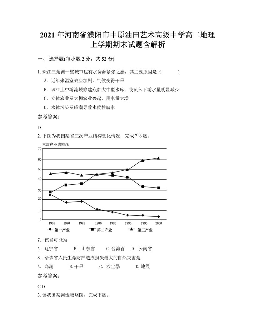 2021年河南省濮阳市中原油田艺术高级中学高二地理上学期期末试题含解析