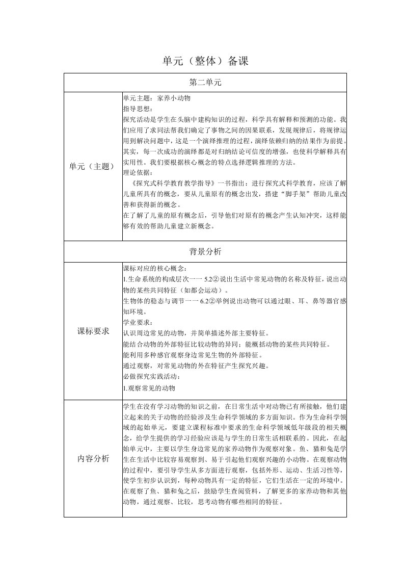 鄂教版科学一年级上册二单元《家养小动物》单元备课