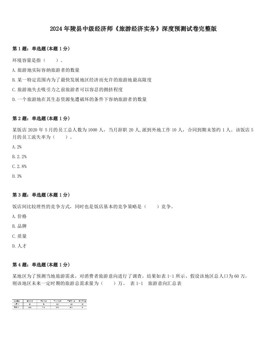 2024年陵县中级经济师《旅游经济实务》深度预测试卷完整版