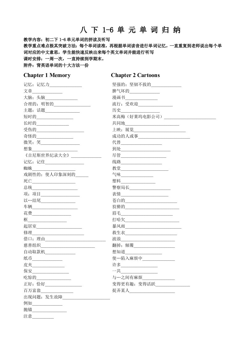 八年级下册英语1-6单元单词归纳