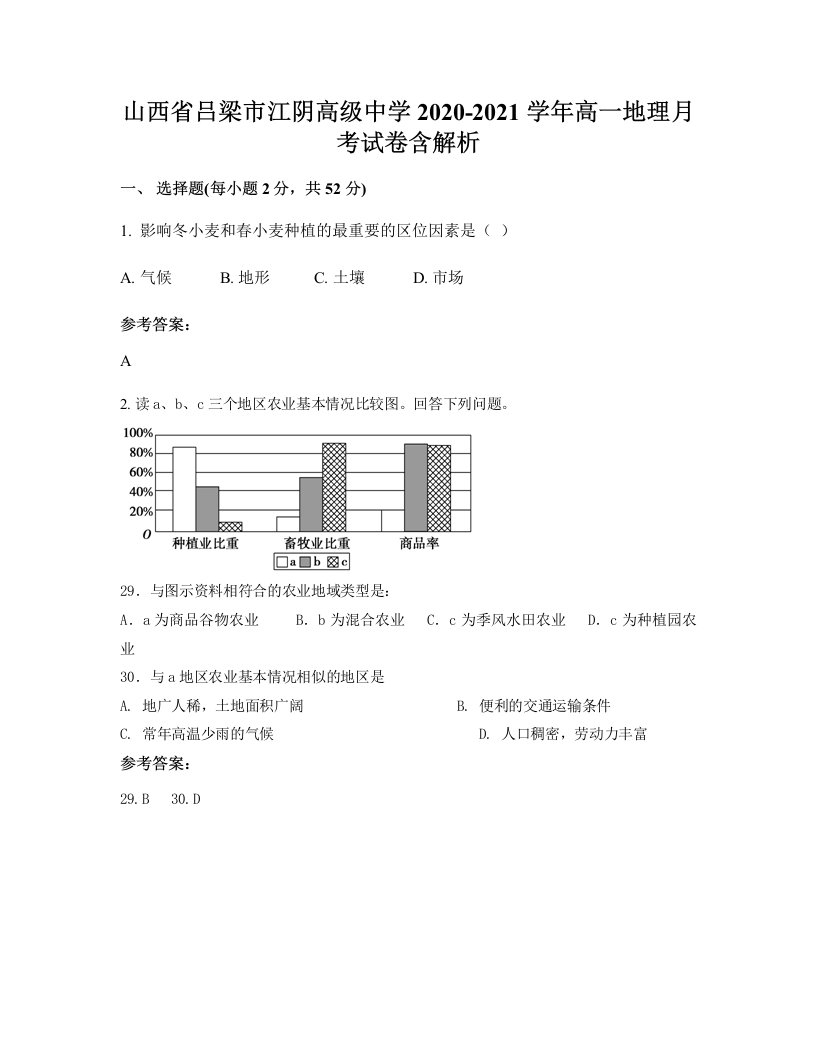 山西省吕梁市江阴高级中学2020-2021学年高一地理月考试卷含解析