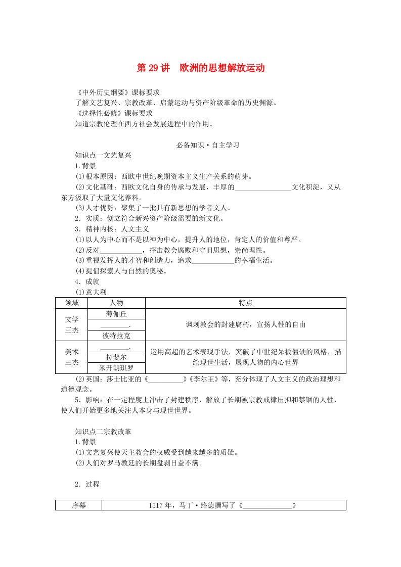 新教材2024版高考历史全程一轮总复习第九单元工业文明的开启与扩展__近代的世界第29讲欧洲的思想解放运动学生用书