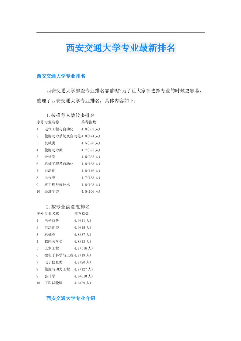 西安交通大学专业最新排名